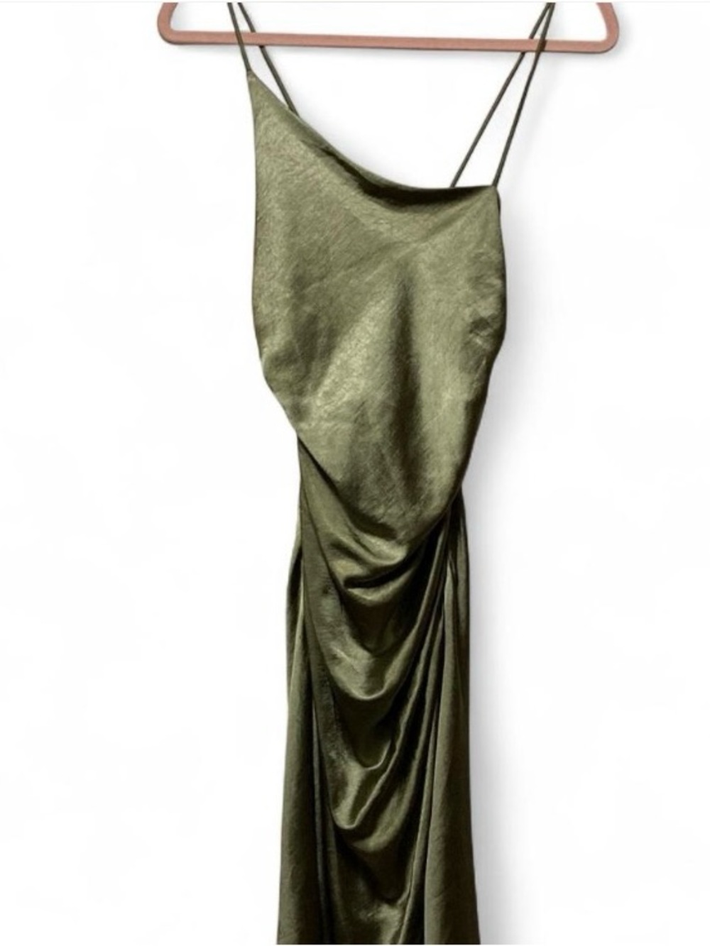 Line & Dot Olive Satin Bias Slip Maxi Dress